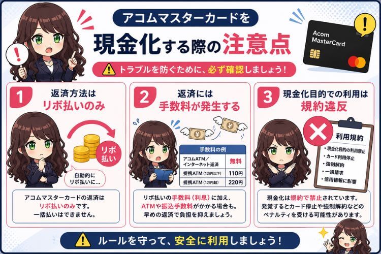 アコムマスターカードを現金化する際の注意点